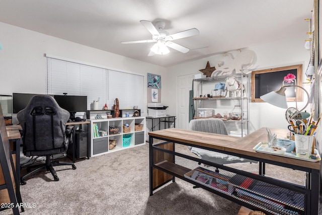 carpeted home office with ceiling fan