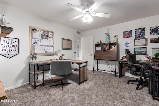 office space featuring carpet flooring and ceiling fan