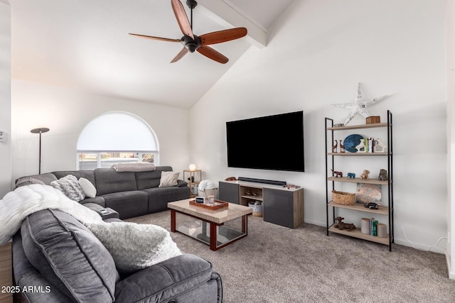 living room featuring beamed ceiling, ceiling fan, high vaulted ceiling, and light carpet