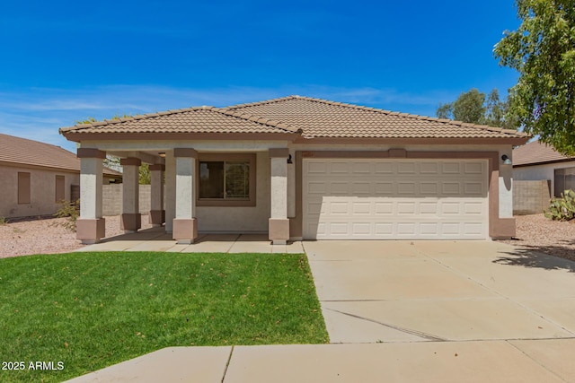 10212 E Caballero St, Mesa, AZ 85207 - view of front of home with a garage, concrete driveway, stucco siding, a front lawn, and a tile roof