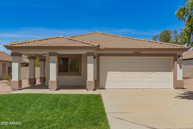 10212 E Caballero St, Mesa, AZ 85207 - view of front facade featuring an attached garage, concrete driveway, stucco siding, and a tiled roof