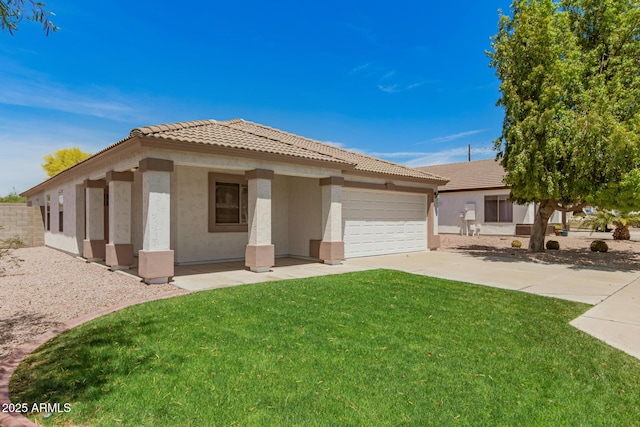 10212 E Caballero St, Mesa, AZ 85207 - ranch-style home with an attached garage, a tiled roof, stucco siding, driveway, and a front lawn