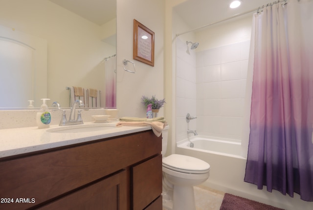 full bathroom with shower / tub combo, toilet, and large vanity