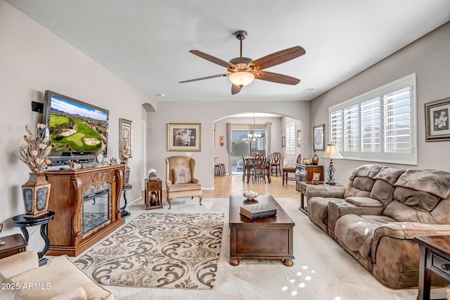 living room with ceiling fan