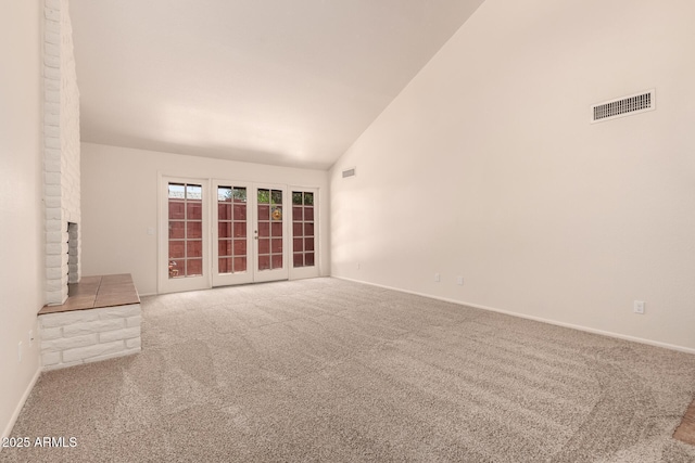 4313 N 29th Way, Phoenix, AZ 85016 - unfurnished living room featuring carpet, high vaulted ceiling, and baseboards