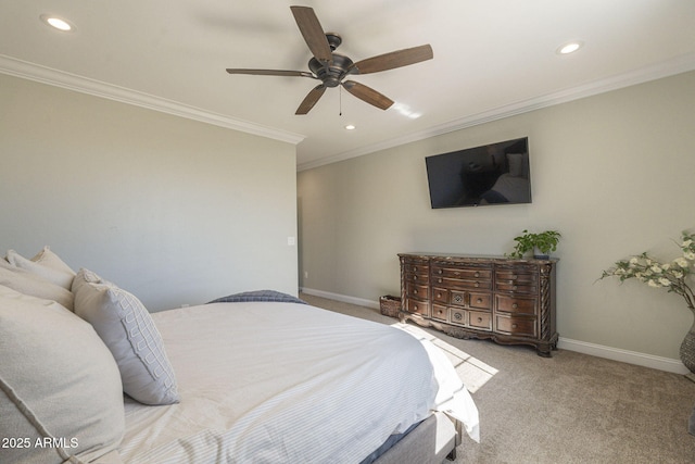 bedroom featuring light carpet, ceiling fan, and crown molding