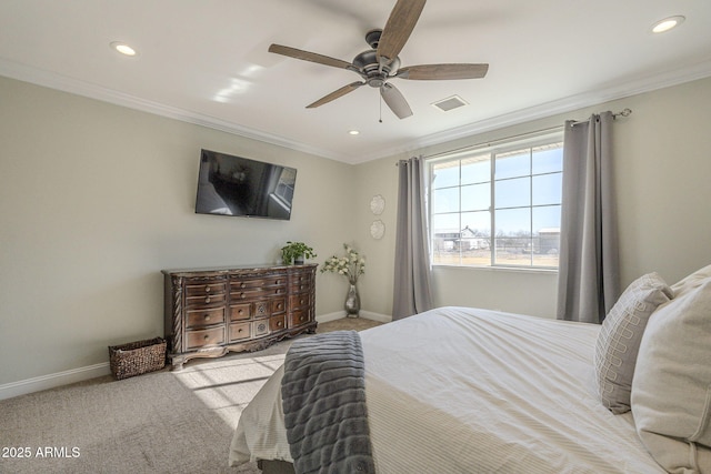 bedroom with ornamental molding, light colored carpet, and ceiling fan