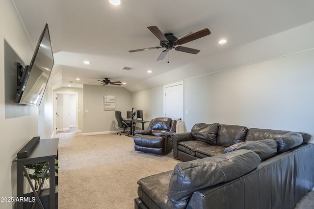 carpeted living room with vaulted ceiling and ceiling fan