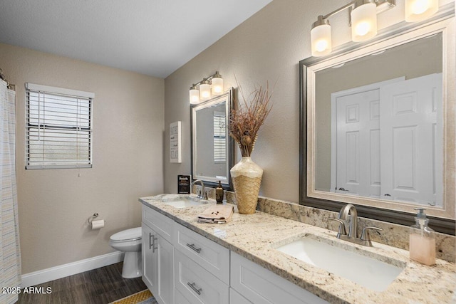 bathroom with hardwood / wood-style flooring, vanity, and toilet