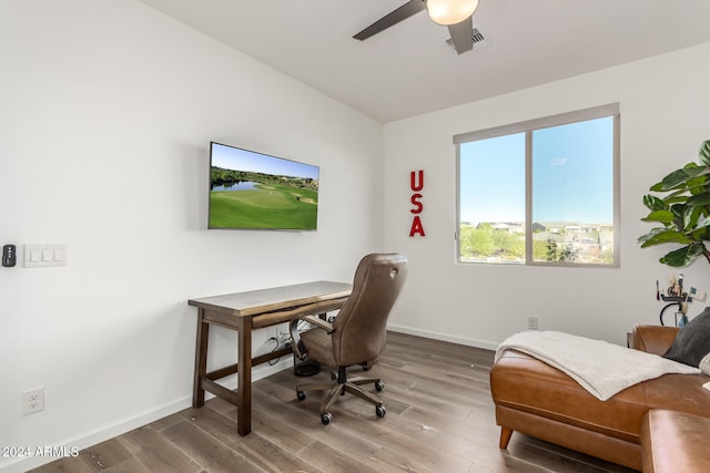 office space with hardwood / wood-style floors and ceiling fan