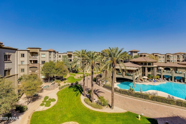 pool with a patio