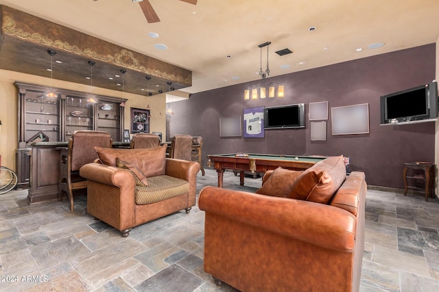 cinema room featuring ceiling fan and pool table