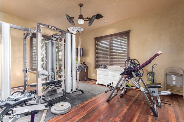 workout room featuring a textured ceiling, ceiling fan, and dark wood-type flooring