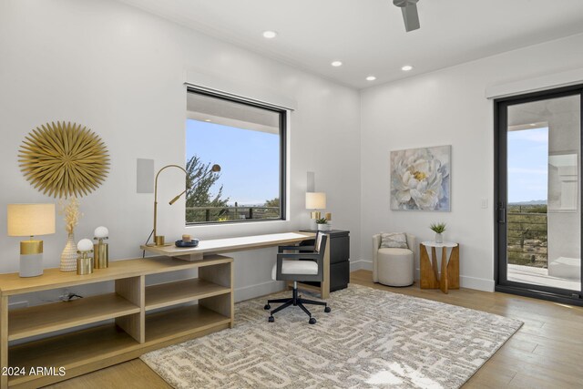 home office featuring light hardwood / wood-style floors, plenty of natural light, and ceiling fan