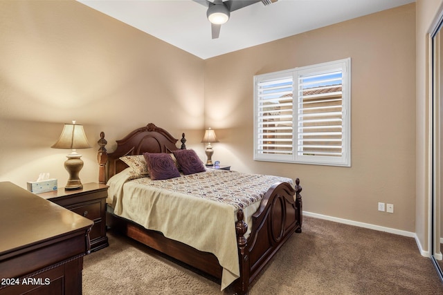 bedroom with ceiling fan and carpet