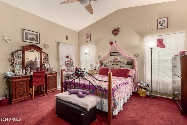 bedroom featuring dark carpet, vaulted ceiling, and ceiling fan