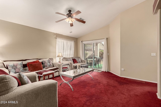 carpeted living room featuring ceiling fan and lofted ceiling