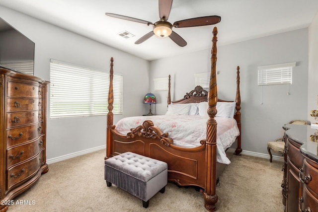 33335 N Slate Creek Dr, San Tan Valley, AZ 85143 - bedroom with visible vents, baseboards, a ceiling fan, and light colored carpet
