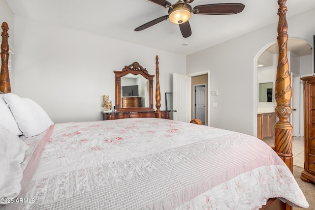 33335 N Slate Creek Dr, San Tan Valley, AZ 85143 - bedroom with ensuite bath, a ceiling fan, arched walkways, and carpet