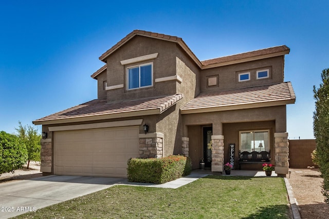 33335 N Slate Creek Dr, San Tan Valley, AZ 85143 - view of front of home featuring a tiled roof, an attached garage, stone siding, stucco siding, and driveway