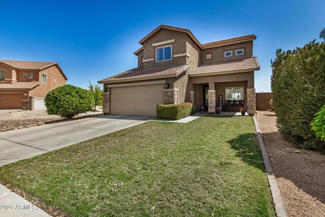 33335 N Slate Creek Dr, San Tan Valley, AZ 85143 - view of front of home with stucco siding, stone siding, a front lawn, a garage, and driveway