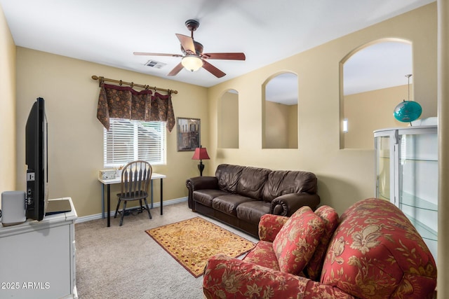 33335 N Slate Creek Dr, San Tan Valley, AZ 85143 - living room with carpet, visible vents, baseboards, and ceiling fan