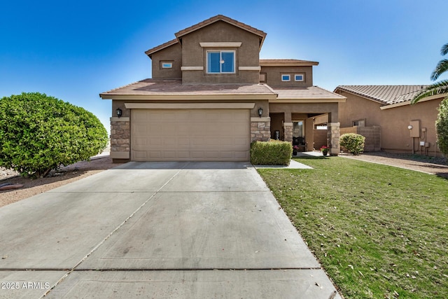 33335 N Slate Creek Dr, San Tan Valley, AZ 85143 - view of front of house with a tiled roof, an attached garage, driveway, and stucco siding