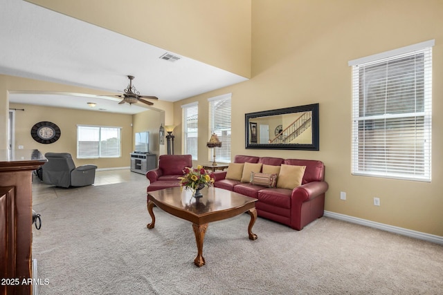 33335 N Slate Creek Dr, San Tan Valley, AZ 85143 - living area featuring visible vents, ceiling fan, carpet, and baseboards