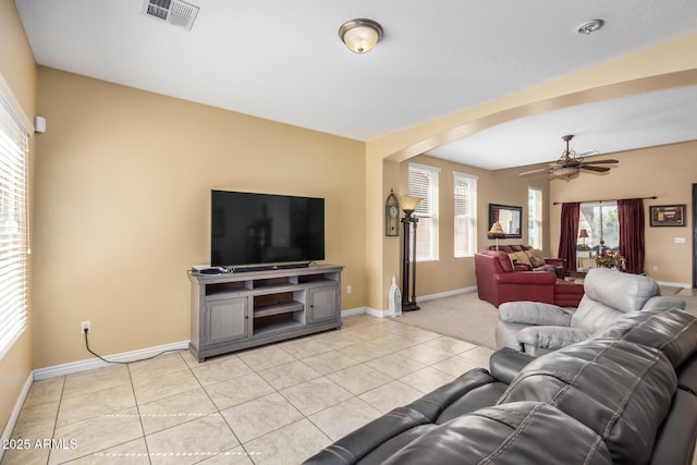 33335 N Slate Creek Dr, San Tan Valley, AZ 85143 - living area featuring visible vents, ceiling fan, light tile patterned floors, and baseboards