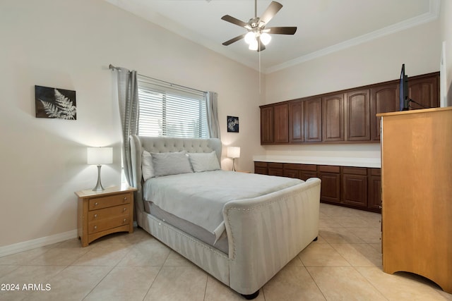 bedroom featuring ornamental molding, ceiling fan, and light tile floors