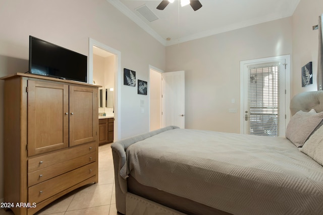 bedroom featuring access to outside, crown molding, connected bathroom, light tile floors, and ceiling fan