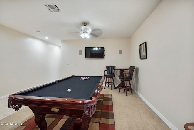 rec room with ceiling fan, carpet floors, and billiards