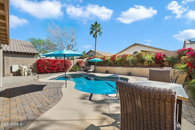 view of pool featuring a patio, a fenced backyard, and a fenced in pool