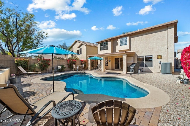 view of swimming pool with a patio, cooling unit, a fenced backyard, and a fenced in pool