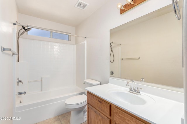 full bath featuring tile patterned floors, visible vents, toilet, washtub / shower combination, and vanity