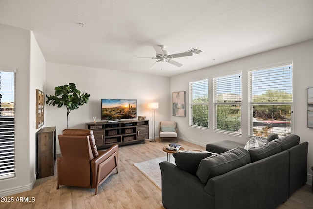 living room featuring light wood-style flooring, visible vents, ceiling fan, and baseboards