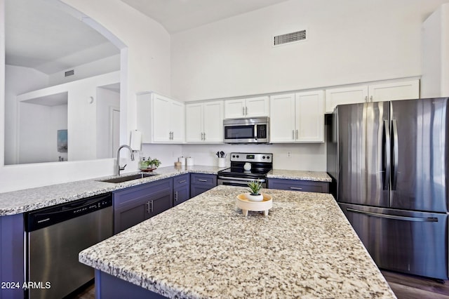 kitchen with sink, light stone countertops, dark hardwood / wood-style flooring, white cabinetry, and stainless steel appliances