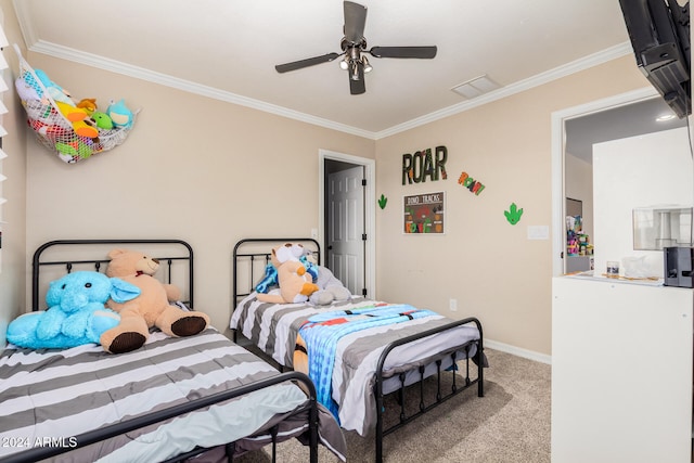 bedroom featuring ceiling fan, light carpet, and crown molding