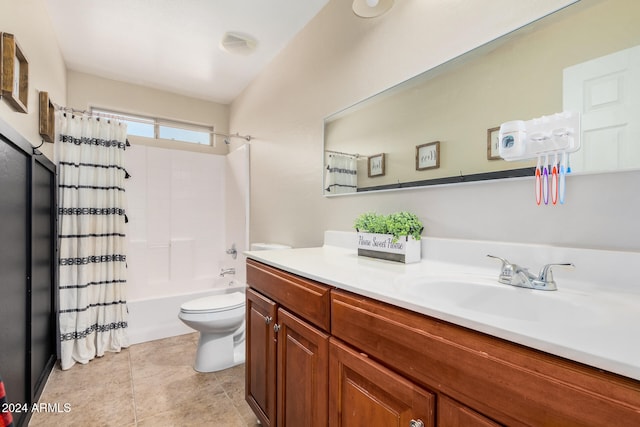 full bathroom featuring vanity, toilet, tile patterned floors, and shower / bathtub combination with curtain