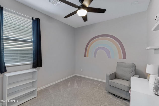 36257 W San Clemente Ave, Maricopa, AZ 85138 - sitting room featuring baseboards, carpet floors, visible vents, and a ceiling fan