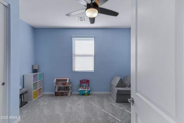 36257 W San Clemente Ave, Maricopa, AZ 85138 - game room featuring baseboards, ceiling fan, visible vents, and carpet