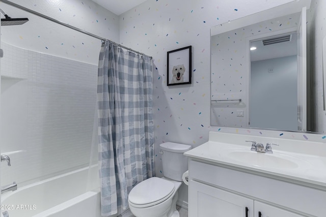 36257 W San Clemente Ave, Maricopa, AZ 85138 - bathroom with visible vents, wallpapered walls, toilet, vanity, and shower / tub combo