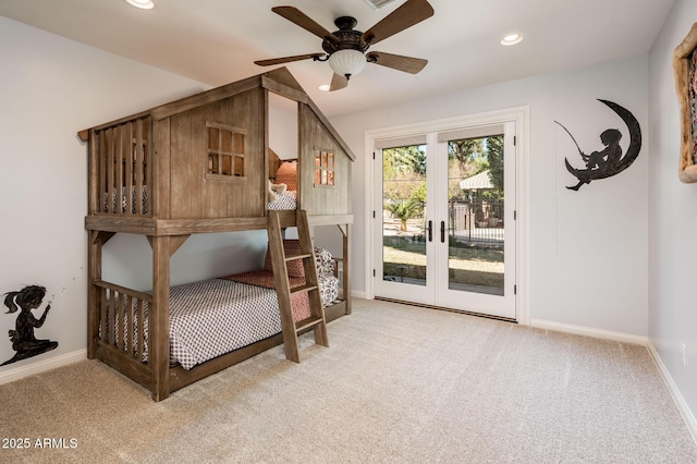 bedroom featuring light carpet, access to outside, baseboards, and recessed lighting