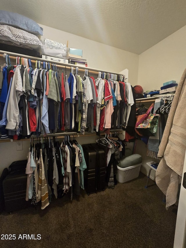 spacious closet featuring dark carpet