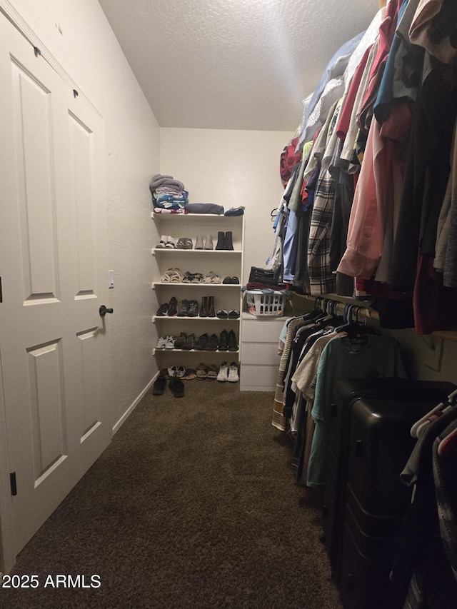 spacious closet featuring dark colored carpet