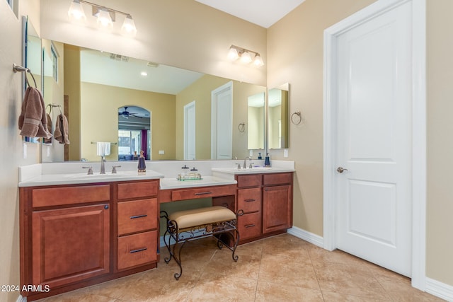 bathroom with vanity, ceiling fan, and tile patterned flooring