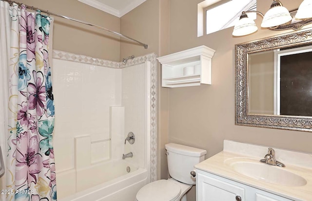 17630 N Somerset Dr, Surprise, AZ 85374 - bathroom with vanity, toilet, shower / bathtub combination with curtain, and ornamental molding