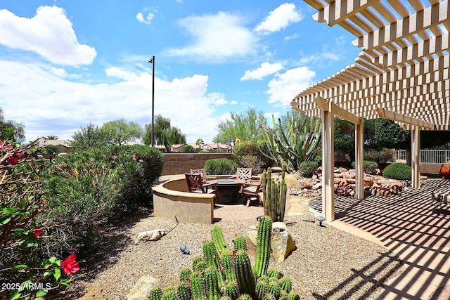 17630 N Somerset Dr, Surprise, AZ 85374 - view of yard with an outdoor fire pit, a pergola, a patio area, and fence