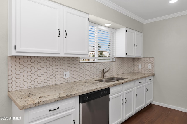 1111 E Turney Ave Unit 28, Phoenix, AZ 85014 - kitchen featuring stainless steel dishwasher, a sink, ornamental molding, dark wood-type flooring, and white cabinets