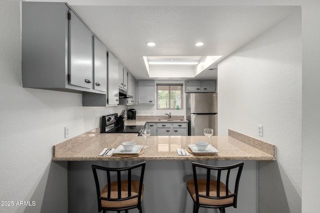 4150 E Cactus Rd Unit 205, Phoenix, AZ 85032 - kitchen with black electric range, freestanding refrigerator, a peninsula, gray cabinetry, and under cabinet range hood